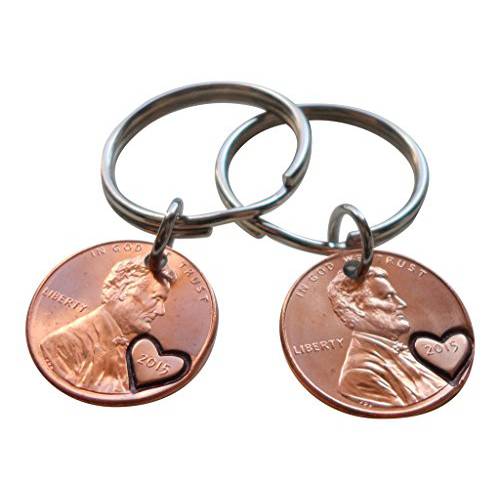 이중 키체인,키링,열쇠고리 세트 2015 Penny 키체인 Heart 어라운드 Year 5 year 기념일 선물, 각인 커플 키체인,키링,열쇠고리