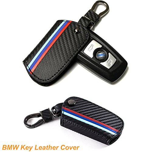 Xotic Tech M-Colored 줄무늬 카본 가죽 키체인,키링,열쇠고리 키리스 엔트리 리모컨 포브 키 커버 케이스 보호 BMW 1/ 2/ 3/ 4/ 5/ 6/ 7 Series