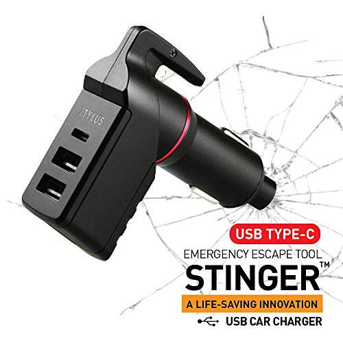 Ztylus Stinger 타입 C USB 응급시 탈출 툴: Life-Saving 구출 차량용충전기, 스프링 Loaded 창문 파쇄기 펀치,  안전벨트 커터, 3 USB 포트 맥스 3.0A C 담배 충전기 (블랙)