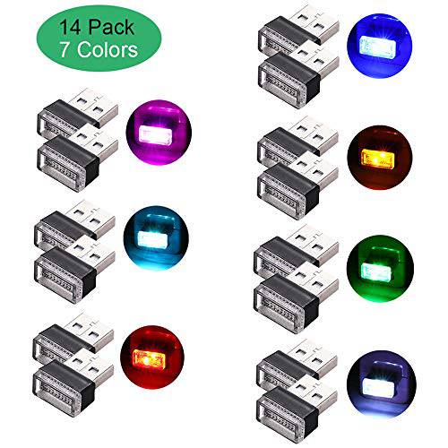 Lipctine USB Led 차량용 인테리어 분위기 램프, 나이트 장식 미니 USB 라이트, 은은한 라이트닝 키트, 충전 자동차,  인테리어라이트 화이트 블루 레드 Yellow 그린 핑크 아이스 블루 14PCS (7 컬러)
