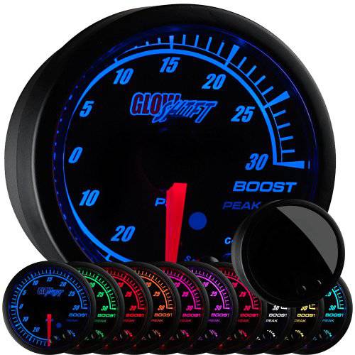 GlowShift Elite 10 컬러 30 PSI 부스트/ 진공 게이지 키트 - 포함 전자제품 압력 센서 - 블랙 다이얼 - 틴티드 렌즈 - 피크 Recall 기능 -  자동차&  트럭 - 2-1/ 16 52mm
