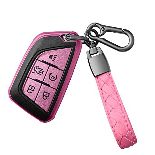 Sindeda 캐딜락 키포브, 스마트키 커버 키체인,키링,열쇠고리 키 케이스 키 쉘 360 도 풀 프로텍트 호환가능한 2020 2021 캐딜락 ct5 CT4-V 콜벳 C8 5-Buttons-Pink