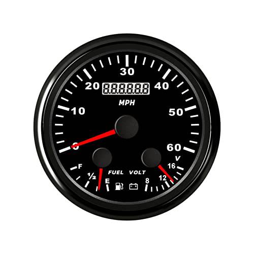 ELING 범용 85mm GPS 속도계 0-60MPH 주행거리계 연료 레벨 0-190ohm 8-16V 전압계 레드 백라이트 GPS 안테나 자동차 보트 (블랙+ 니켈 스테인레스 스틸)