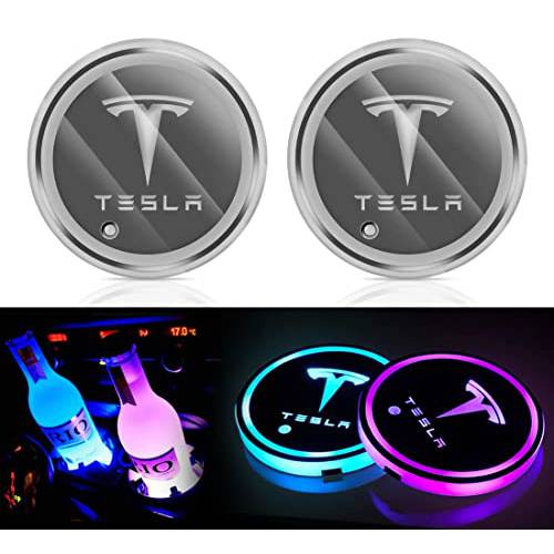 Uxcer 2PCS LED 자동차 컵홀더 라이트 테슬라 모델 3/ Y/ S/ X, 7 Color-Changing Luminous 자동차 컵받침 컵 매트 패드 USB 충전, 라이트 Up 컵홀더 인서트 컵받침 테슬라 인테리어 악세사리