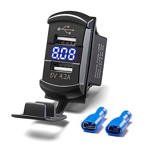 Caflower USB 로커 스위치, 퀵 충전 듀얼 USB 차량용충전기 소켓 블루 LED 디지털 전압 미터 보트, 보트, Motorbikes, 트럭, 골프 카트. (Square-Shaped)