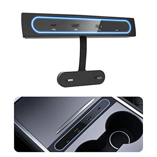 VIJIM 자동차 USB 충전기 멀티 포트 2021 2022 테슬라 모델 3/ Y | 테슬라 USB 허브 블루 Led 라이트 | 테슬라 모델 3/ Y 악세사리 100% 호환 센터콘솔 어댑터 | 테슬라 폰 충전기