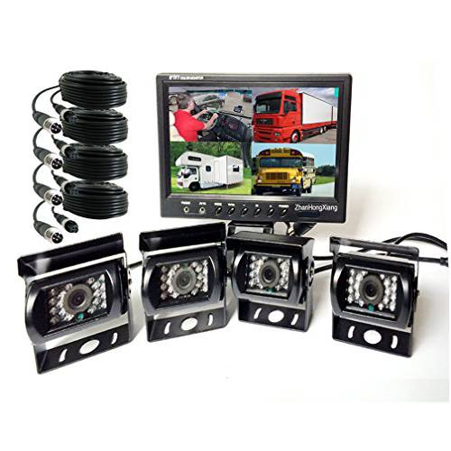 차량 백업 카메라 모니터 HD 1080P 12V/ 24V, 4X 4 핀 차량용 리버스 후방관측 카메라 키트+ 9 인치 IPS 4CH 쿼드 스플릿 AHD 모니터 시스템 버스 트럭 트레일러 캐러밴 캠핑 RV
