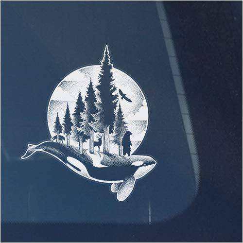 Bear, Wolf, 사슴 and Orca Whale in Northwest Mountains Trees 클리어 비닐 데칼 스티커 창문, Moon and Clouds 사인 아트 프린트 디자인