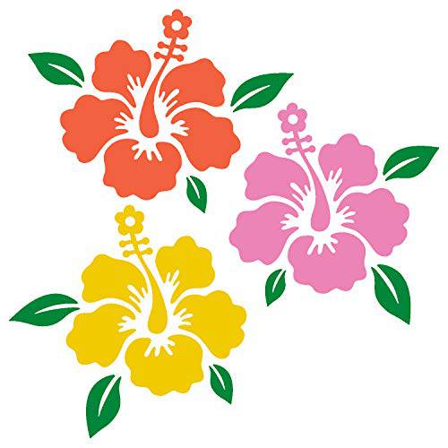히비스커스 데칼 키트 - 3 컬러 of 하와이안 히비스커스 플라워 (3.75 인치 X 3.5 인치 Each) 비닐 스티커 - 1x Coral, 1x 소프트 핑크, 1x 라이트 Yellow - 1x 세트 of 라이트 그린 Leaves - Zippy Stickers