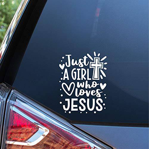 일몰 그래픽&  데칼, 도안 Just A 걸 Who Loves Jesus 데칼 비닐 자동차 스티커 | 자동차 트럭 밴 벽 노트북 | 화이트 | 5.5 인치 | SGD000234