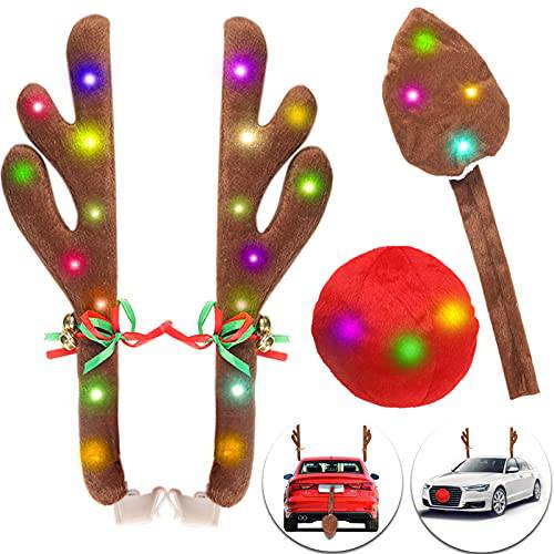 순록 Antlers 자동차, 순록 크리스마스 Antlers 자동차 키트 LED 라이트, 순록 자동차 키트 Antlers, 노즈, 테일,  탑&  그릴 루돌프 순록 징글벨 크리스마스 데코,장식 자동차