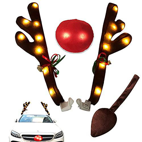 DaLingLam 자동차 순록 Antler 키트 LED 라이트 크리스마스 오토 데코,장식 라이트 Antlers and 노즈  징글벨 캐릭터 키트, 자동차 악세사리 (따뜻한 라이트)
