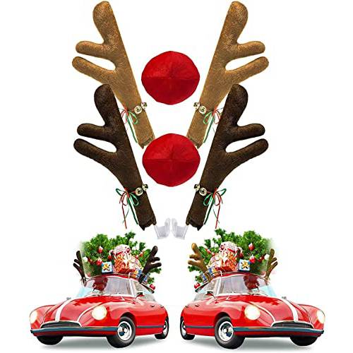 Flyglobal 2 세트 순록 Antlers 자동차, 자동차 크리스마스 순록 Antler 데코,장식, 차량 크리스마스 자동차 장식 키트  징글벨 루돌프 순록 and 노즈, 오토 악세사리 장식 자동차 SUV