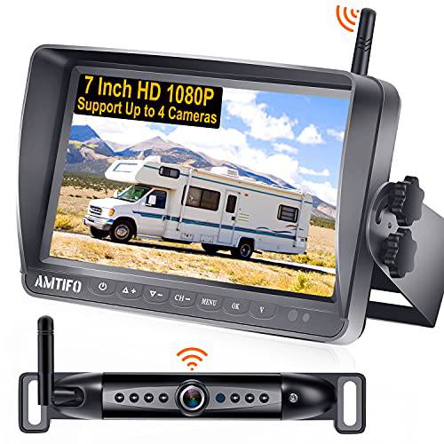 무선 후방카메라 트럭 AMTIFO HD 1080P 무선 번호판 카메라 디지털 신호, 지원 추가 UP to 4 RV 카메라/ 플레이트 카메라, 7 인치 DVR 레코딩 모니터링 시스템, IR 나이트 비전