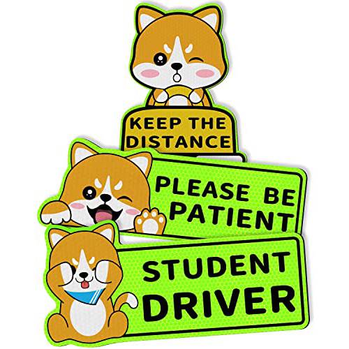 3PCS 초보운전 자동차 자석, New 드라이버 반사 스티커 세이프티,안전 사인 자동차 범퍼 자석 데칼, Please Be Patient 유지 The 거리 라지 차량 경고 Stickers(Shiba Inu)