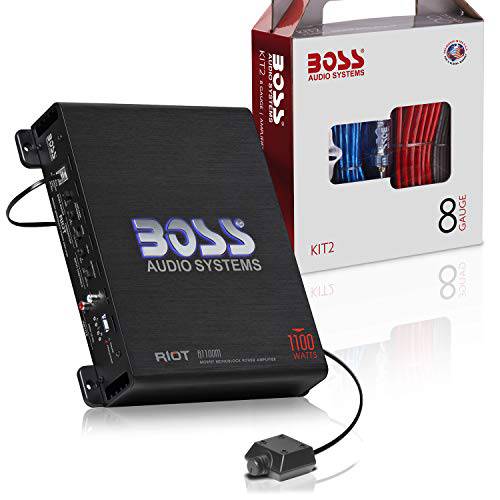 BOSS Audio Systems R1100MK 차량용 앰프 and 8 게이지 배선 키트 - 1100 와트 맥스 파워, 2-4 옴 안정된, Class a/ B, 모노블록, 모스펫 파워 서플라이, 리모컨 서브우퍼 컨트롤