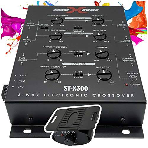 SoundXtreme ST-X300 3 웨이 전자제품 차량용 스테레오 크로스오버 대시보드 마운트 베이스 노브 리모컨 프리퀀시 응답 10Hz-30kHz Including 파워 어댑터 커넥터 60dB 분리