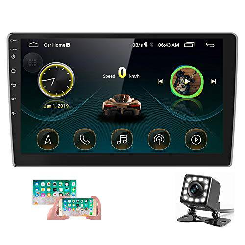 HIKITY 10.1 인치 안드로이드 자동차 스테레오 더블DIN 자동차 라디오 블루투스 FM GPS 와이파이 2021 New 1080P HD 터치 스크린 멀티미디어 플레이어 미러 Link(Android/ iOS)+ 후방 카메라+  듀얼 USB 케이블