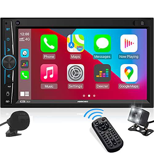 더블DIN 스테레오 애플 CarPlay: ABSOSO in-Dash 자동차 멀티미디어 플레이어 블루투스, 폰 링크, HD 터치스크린 모니터, 마이크, 후방 캠, A/ V 입력, FM/ AM 자동차 라디오,  스티어링휠, 운전대, 핸들