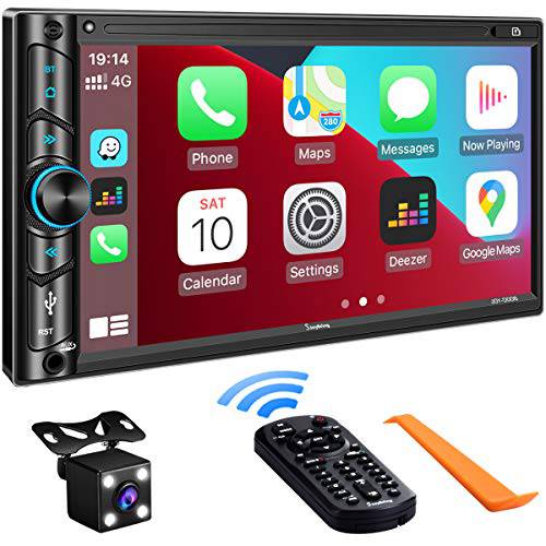 더블DIN 자동차 스테레오 호환가능한 음성 컨트롤 애플 CarPlay - 7 인치 HD LCD 터치스크린 모니터, 블루투스, 서브우퍼, USB/ SD 포트, A/ V 입력, AM/ FM 자동차 라디오 리시버,  후방카메라