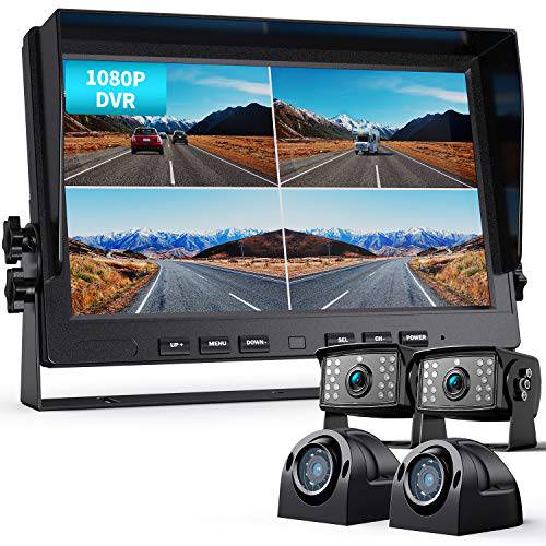 Fookoo Ⅱ 10 1080P 유선 후방카메라 시스템 키트, 10 HD 쿼드 스플릿 스크린 모니터 레코딩 IP69 방수 후방관측 사이드 뷰 카메라 주차 라인 트럭/ Semi-Trailer/ 박스 트럭/ RV(DY104)