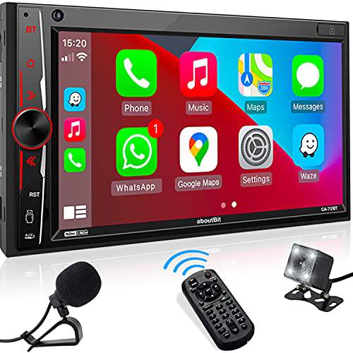 더블DIN 스테레오 호환가능한 애플 CarPlay, aboutBit in-Dash 2 Din 디지털 미디어 리시버 - 블루투스, 폰 미러링, 마이크, AM/ FM 라디오, USB/ SD, A/ V 입력, HD 카메라 입력,  고속충전