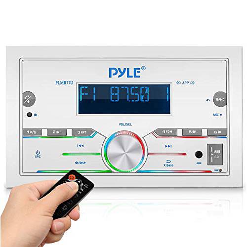 Pyle 블루투스 선박 라디오 리시버 - 300W 더블DIN 보트 선박 헤드 유닛 앰프 시스템 w/ 디지털 LCD, 마이크, Hands-Free 통화, Aux, MP3, USB/ SD, AM/ FM 라디오,  리모컨 - PLMR77U (화이트)