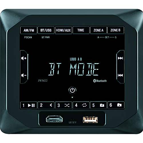 젠슨 JWM22 2-Speaker Zones AM/ FM|BT|HDMI|AUX 큐브 벽면 마운트 스테레오, 스피커 출력 4X 6 와트, 30 스테이션 Presets (18FM/ 12AM), Receives 블루투스 오디오 (A2DP) and Controls (AVRCP) from 디바이스