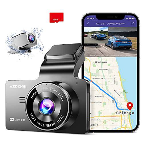 AZDOME 4K 블랙박스, Built-in GPS/ 와이파이 듀얼 블랙박스 자동차, 3 UHD 디스플레이 자동차 카메라 - 블랙박스 전면 and 리어,후방 소니 센서, 170° FOV, WDR, 나이트 비전, 주차 모니터, 32G SD 카드 (포함)