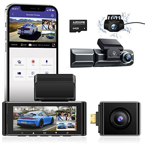 AZDOME 3 채널 블랙박스,  64GB 카드,  빌트인 GPS 와이파이, 4K+ 1080P 전면 리어,후방, 1440P+ 1080P+ 1080P 전면 내부 리어,후방 쓰리 웨이 트리플 자동차 카메라, 휴대용 어플, IR 나이트 비전, 콘덴서, 주차 모드