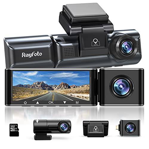 블랙박스 3 채널, Rayfoto 4K+ 1080P 자동차 카메라 전면 and 리어,후방, 4K+ 1080P 블랙박스era 전면 and 내부, 와이드 앵글 대쉬보드 운전 레코더 와이파이 GPS& IR 나이트 비전& 32GB SD 카드