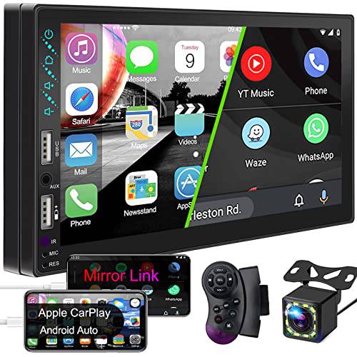 더블DIN 자동차 스테레오 호환가능한 음성 컨트롤 애플 Carplay& 안드로이드 오토, 7 인치 HD LCD 터치 스크린 블루투스 5.1, MP5 플레이어 A/ V 입력, USB/ 충전 포트, 백업 카메라, 미러 링크, SWC