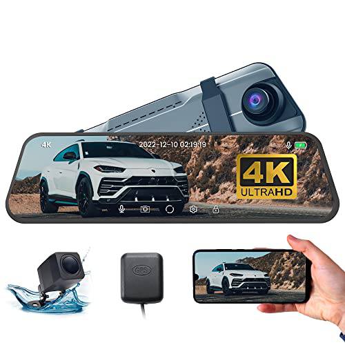 ROADVOX 4K 와이파이 미러 블랙박스,  백미러, 룸미러 카메라 자동차, 1080P 풀 터치 스크린, 듀얼 블랙박스 전면 and 리어,후방 강화 나이트 비전, 음성 컨트롤, G-Sensor, 주차 보조& GPS