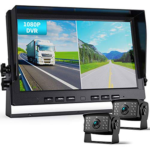 Fookoo Ⅱ HD 유선 후방카메라 시스템 키트, 10 인치 듀얼 스플릿 스크린 모니터 레코딩 IP69 방수 전면 뷰 후방관측 카메라 주차 라인 트럭/ Semi-Trailer/ 박스 트럭/ RV(DY102)