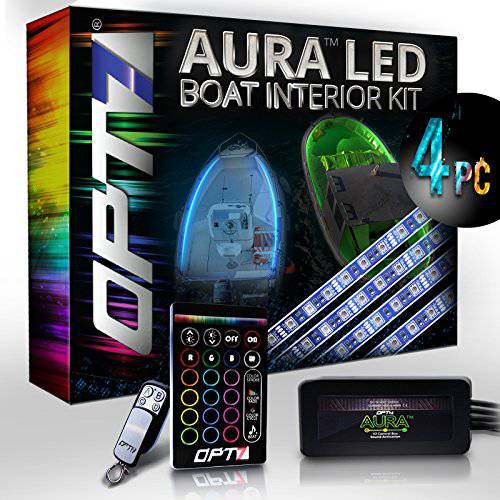 OPT7 Aura LED 보트 라이트, 24 인치 RGB 사운드싱크 인테리어 라이트닝 스트립, 16+ 컬러 플렉시블 방수 12v 무선 리모컨, 원격 Pontoon Sailboat, 4pc