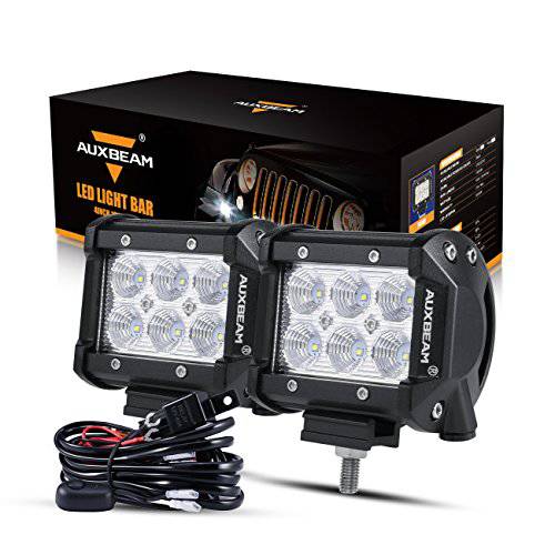 Auxbeam 4 LED 포트 18W LED 라이트 바 플러드 빔 LED 오프로드 드라이빙라이트 배선 하네스 SUV ATV UTV 트럭 픽업 지프 램프 (팩 of 2)