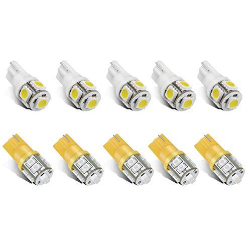 Partsam T10 LED 라이트 전구 5pcs 10-3528-SMD 노란색 라이트+ 5X 5-5050-SMD 화이트 라이트 호환가능한 픽업 트럭 Cab 마커 루프 런닝 탑 라이트 12V (팩 of 10)