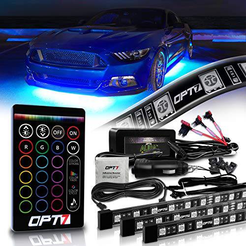 OPT7 Aura 언더글로우 자동차, 4pc 플렉시블 LED 스트립 라이트닝 키트 (2 x 48 인치+ 2 x 36 인치) w/ 리모컨, 사운드싱크, Full-Color 스펙트럼, 외부 언더 글로우 네온 라이트 키트 트럭