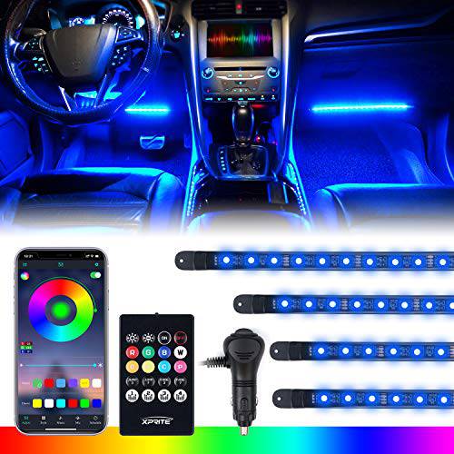 [업그레이드된] Xprite RGB LED 차량용 인테리어 블루투스 라이트 스트립 무선 리모컨, 실리콘 봉인, 언더 대시보드 풋웰 라이트 키트 w/ 담배 어댑터 차량 내장, Rv, SUV, 트럭 -4 PCS