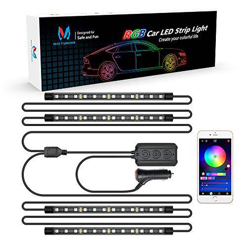 MICTUNING N1 인테리어 차량용 라이트, 12V 24V 엠비언트, LED 스트립 라이트 4pcs RGB 은은한 라이트닝 키트 2-Line 디자인, 어플 컨트롤러, 음악 모드