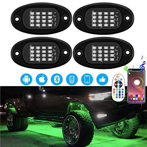 ROCCS 4 포트 RGB LED 락 라이트, 다양한색 방수 네온 언더글로우 라이트닝 키트  어플&  무선 리모컨, 원격  오프로드 차량용 트럭 ATV SUV 오토바이