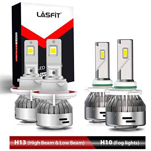 LASFIT H13/ 9008 하이/ 로우 LED 헤드라이트전구, 전조등 H10/ 9140/ 9145 포그라이트, 안개등 콤보 키트 12000LM 6000K 화이트 플러그 and 플레이, 팩 of 4