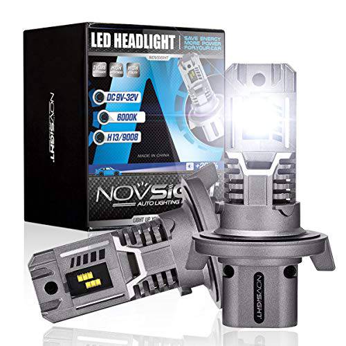 NOVSIGHT H13/ 9008 LED 헤드라이트,전조등 전구, 12000 루멘 60W 슈퍼 브라이트 LED 헤드라이트 변환 키트, 6000K 쿨 화이트, 팩 of 2, 1:1 사이즈 디자인