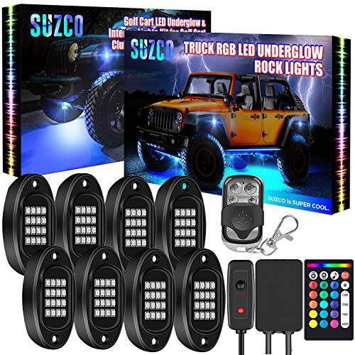 SUZCO 8Pods 트럭 RGB LED 락 언더글로우 라이트 키트, Dual-Zone 컨트롤+ 128-LEDs+ 2-in-1 디자인+  언더바디&  휠 라이트 다양한색 네온 언더 라이트 세트 12V 어플/ RF/ IR 지프 오프로드 ATV SUV