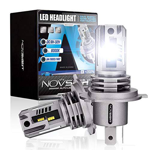 NOVSIGHT H4/ 9003 LED 헤드라이트,전조등 전구, 12000 루멘 60W 슈퍼 브라이트 LED 헤드라이트 변환 키트, 6000K 쿨 화이트 1:1 사이즈 디자인 팩 of 2, 하이/ 로우 빔