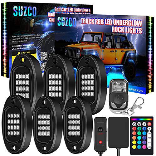 SUZCO 6-Pack 트럭 LED RGB 네온 언더글로우 팟 락 라이트 키트, 【Dual-Zone】+ 【96LEDs】+ 【2-in-1 라인】 동기화 음악 다양한색 언더 라이트 방수 12V 어플/ RF/ IR 지프 오프로드 ATV UTV