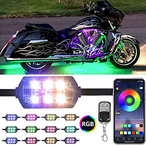 Dlylum 12pcs 오토바이 LED 라이트 키트 어플& RF 무선 리모컨 스마트 브레이크 라이트 기능 매직 RGB Dream 컬러 몰이 Multi-Color 언더글로우 네온 라이트 스트립 오토바이 골프 카트 ATV