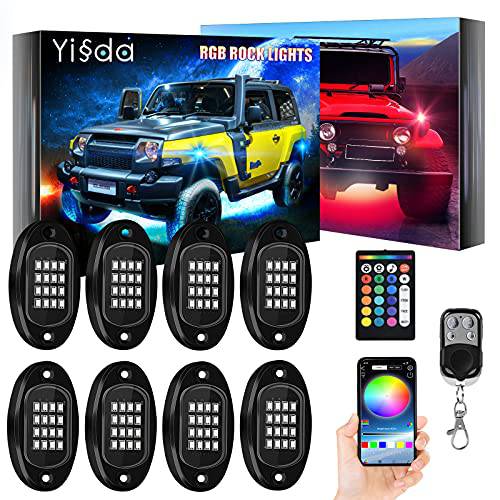 【밝기 업그레이드된】 YISSDA RGB LED 락 라이트 128LEDs, 다양한색 네온 언더글로우 라이트닝 키트 어플/ RF 컨트롤 음악 모드 지프 트럭 UTV SUV, 방수, 롱 연장 케이블, 8 포트