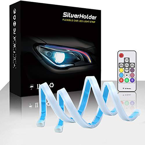 SilverHolder LED 헤드라이트,전조등 스트립 튜브 라이트 17.7 인치 플렉시블 자동차 Led 라이트 스트립 멀티 컬러 낮 런닝 라이트 방수 DRL 네온 라이트 회전 신호 전구 연속 전환 2 PCS