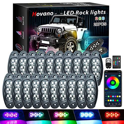 Hovano RGB LED 락 라이트, 20 포트 방수 Magic-RGB 다양한색 몰이 네온 언더글로우 음악 라이트닝 키트 어플/ RF 컨트롤 지프 오프로드 트럭 자동차 ATV SUV RZR
